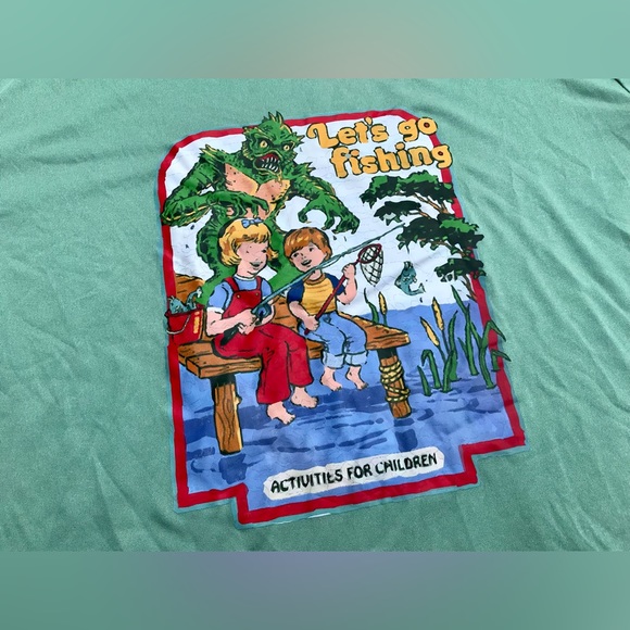 2/$10 Mens M Graphic Let’s Go Fishing Funny Novelty Print Tee Top Tshirt - Picture 3 of 10